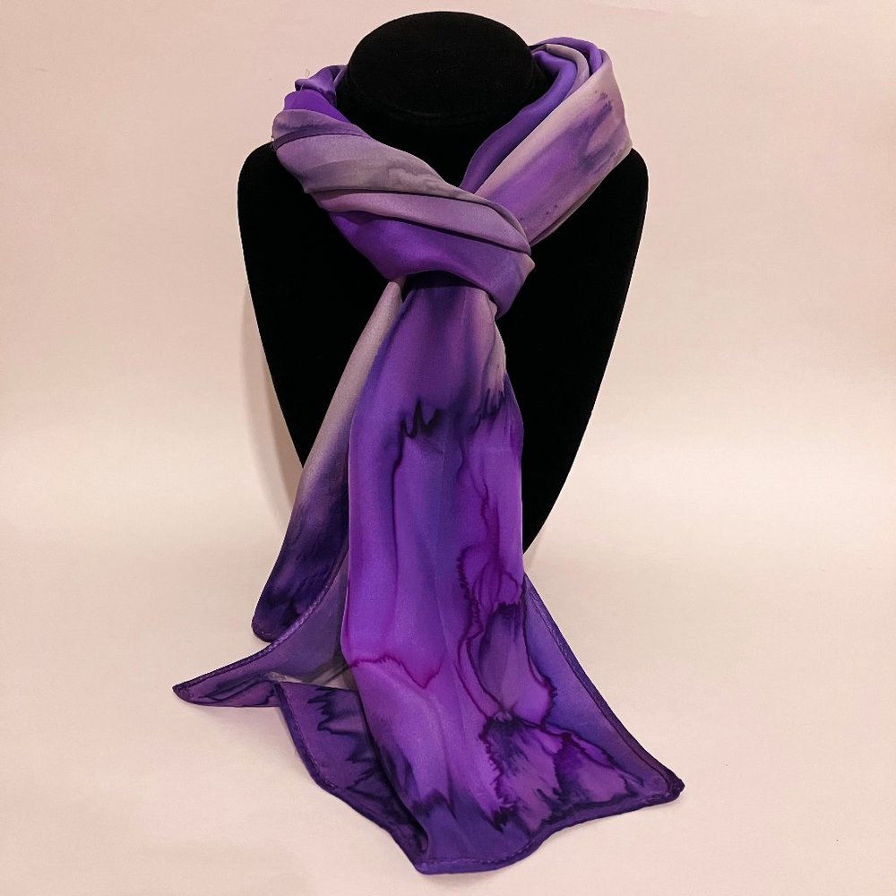 Hand Painted Silk Scarf Eggplant Orchid Purple Silver Unique Rectangle Gift New